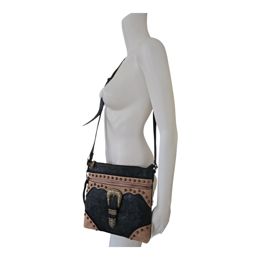 Rein & Bridle Studded Buckle Crossbody Embossed Faux Leather Bag NWT